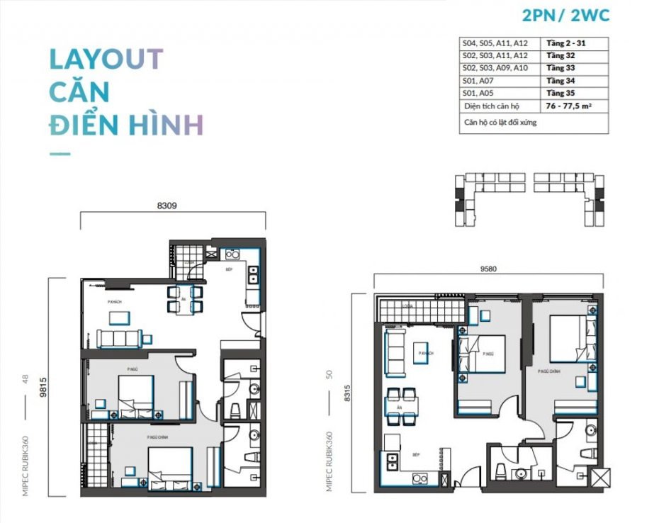 Thiết kế căn hộ 2 phòng ngủ Mipec Rubik 360