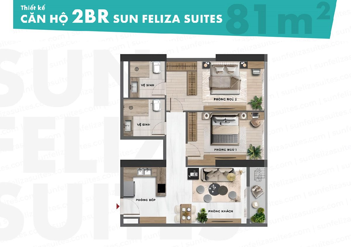 mặt bằng căn 2 phòng ngủ sun feliza